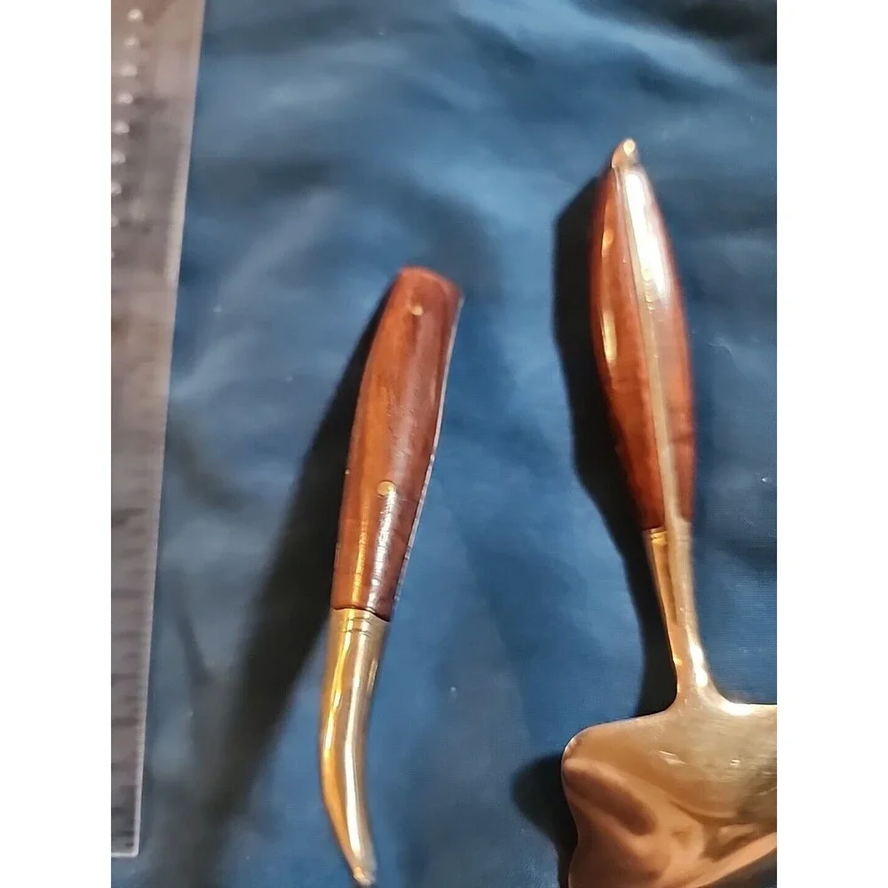 2 Vintage Brass & Teak Condiment Spoons 3.25